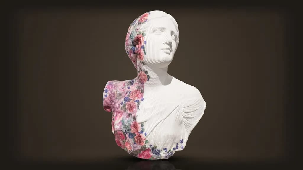 Daniele Fortuna, Bust with Flowers: a white layered wooden bust, half covered in a collage of roses and violets