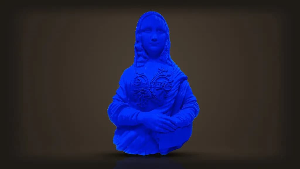 Daniele Fortuna, Monalisa: the Mona Lisa as a layered wooden bust painted a saturated blue, hands folded