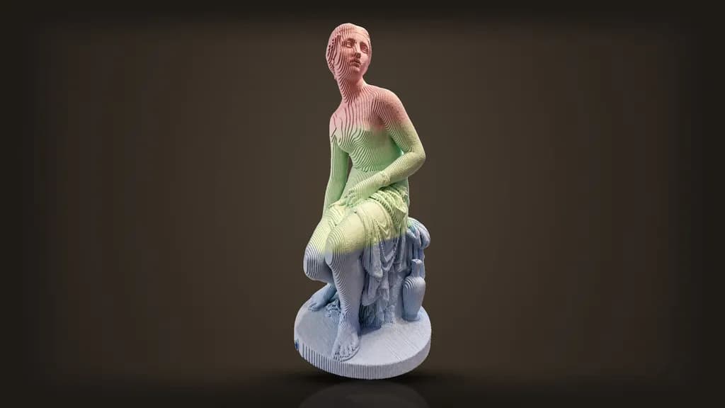 Daniele Fortuna, Nymph: a seated figure in layered wood, rose at the head, green at the body, blue at the base
