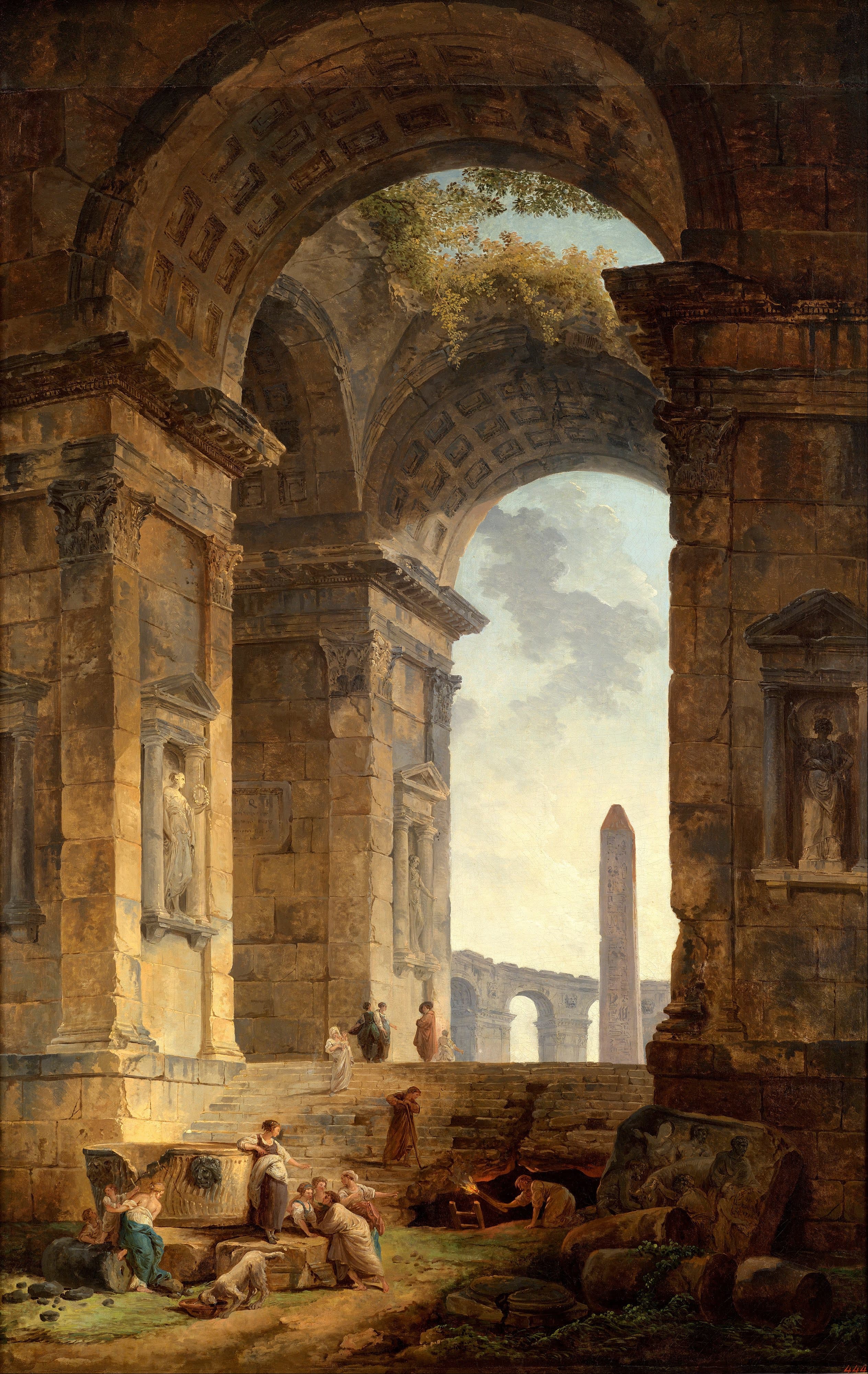 Hubert Robert, Ruins with an obelisk in the distance, 1775