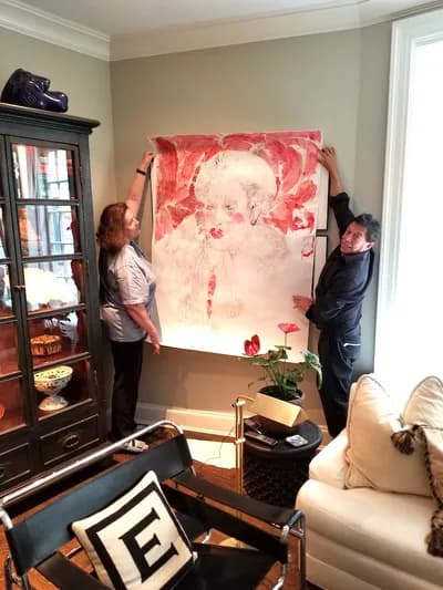 Artist Lorna Marsh and art dealer Aldo Castillo next to Lorna Marsh, Portrait of a Lady, Mixed Media on Paper, As a reference to Henri de Toulouse-Lautrec