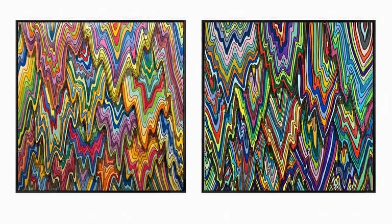 A diptych by Enrique Machado in poured silicone and resin, two panels of coloured striations