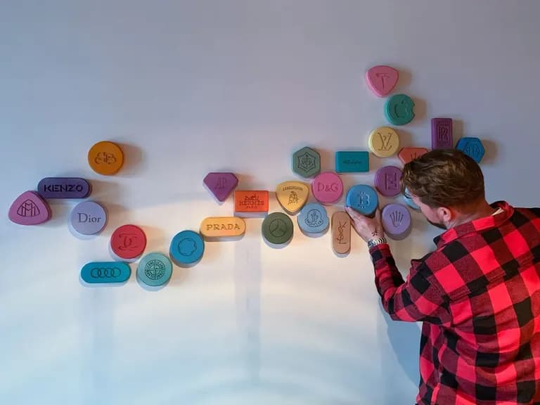 A person in a red checked shirt placing carved wooden pills on a wall during the installation of ADDICTED
