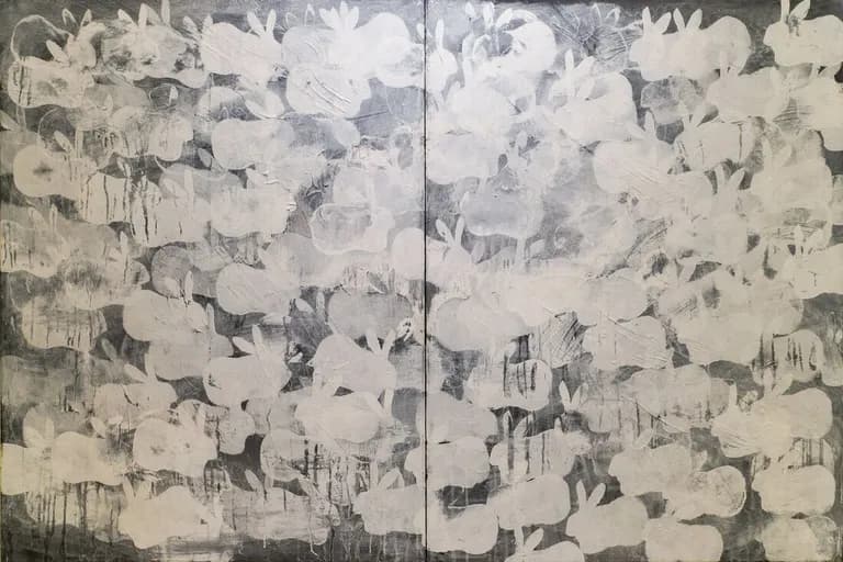 Lorna Marsh, Migration with Rabbits, Mixed Media on Canvas, 48 x 36 In. Each panel