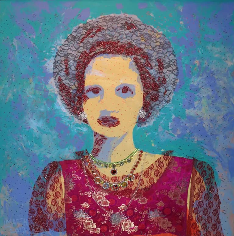 Lorna Marsh, Andy and Martha Sat Down Together II, 2013, mixed media on wood, 48 x 48 in