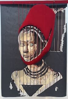 Javier Guadalupe, Portrait of a Girl (Petrus Christus), 2025, Textile Installation, 31 ¾ x 47.5 In