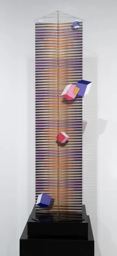 Hugo Diaz, Falling Cubes I, 2024, Mixed Media on Plexiglass, 76.5 x 20 x 20 In