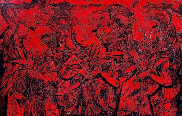 Fredy Villamil, Whispers Beneath the Red, 2025, Oil on Canvas, 50 x 78 In