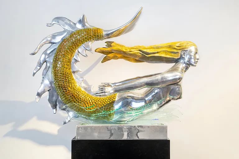 Apostol, Mermaid, chrome and hand cut glass, 42 by 29 by 20 inches