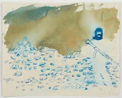 A pale wash of sand and sky by Lorna Marsh, with a blue head, a rifle shape and a scatter of blue marks across the lower half