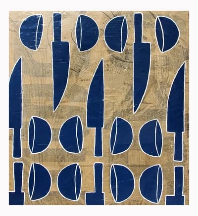 Scott Ashley, Knife and Grapefruit, 2001, Mixed Media on Dress Pattern and Nylon Fabric, 30.5 x 30.5 In
