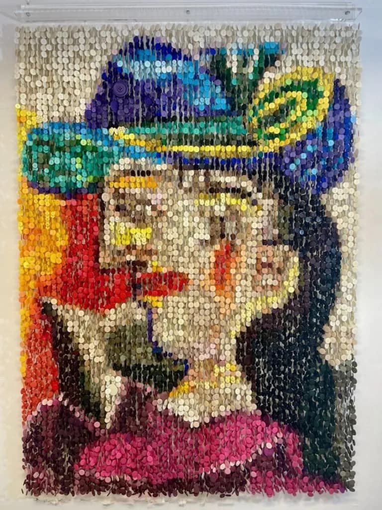 Augusto Esquivel, Woman with a Blue Hat, 2022, Sewing Buttons, Monofilament and Acrylic, 70H x 50W x 3D In