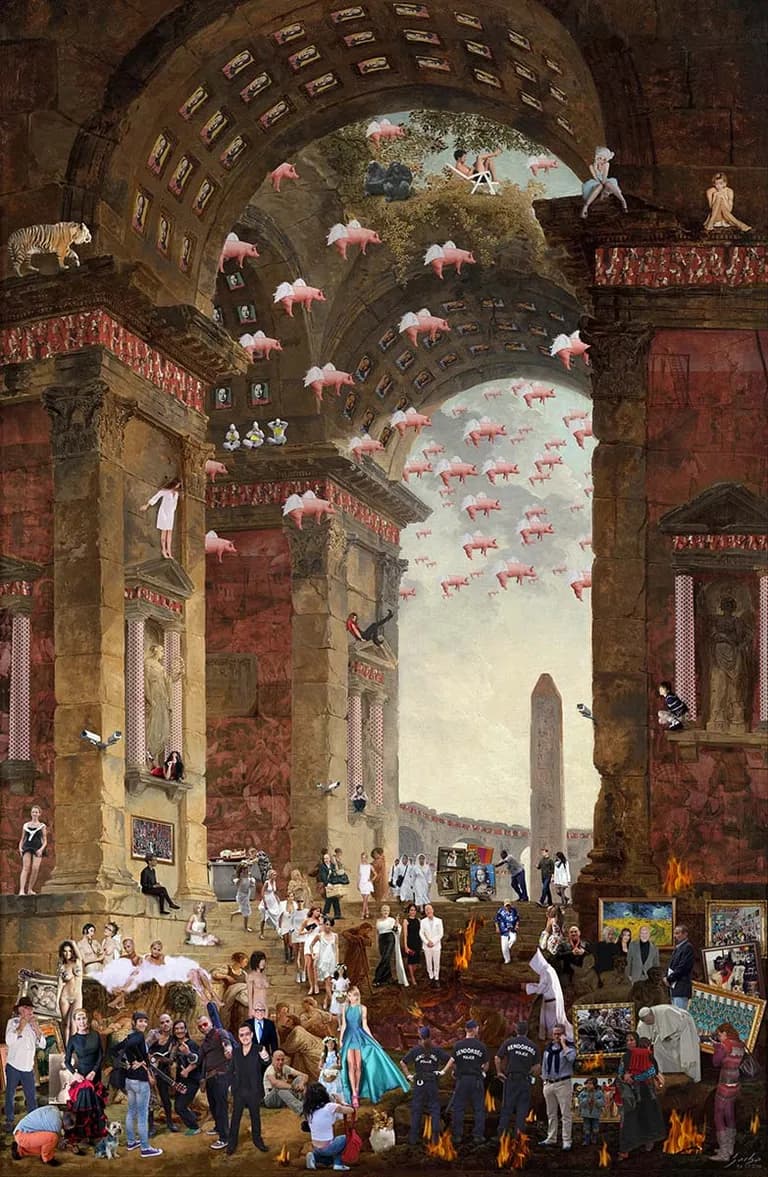 Lluis Barba, Ruins with an Obelisk in the Distance, Hubert-Robert, 2018, Photograph on Backlit-Fabric, 48 x 72 In