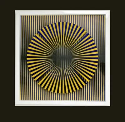 A disc of radiating yellow and black lines by Hugo Diaz, framed against black