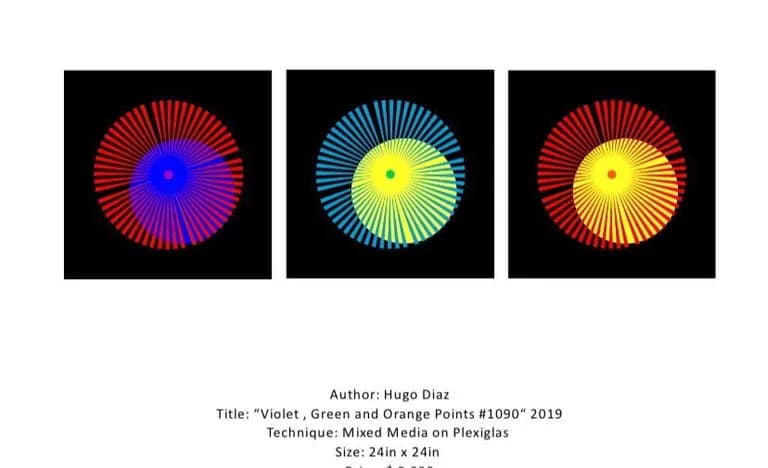 Hugo Diaz, "Violet, Green and Orange Points #1090", 2019, Mixed Media on Plexiglas, 24in x 24in