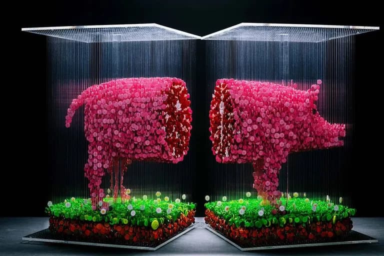 Augusto Esquivel, Pig (2019) 30 tall x 40 wide x 20 deep in. Separated in two free standing panels of- 30 tall x 20 wide x 20 deep in. each Sewing Buttons, Monofilament and Acrylic