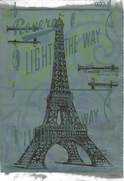 Peter Mars, Paris, silkscreen and acrylic on paper, the Eiffel Tower over printed text