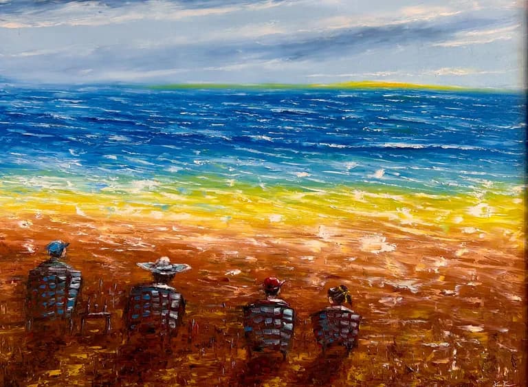 Ken Fraser, Four Figures on Landscape, Oil on Canvas, 48W x 36H In