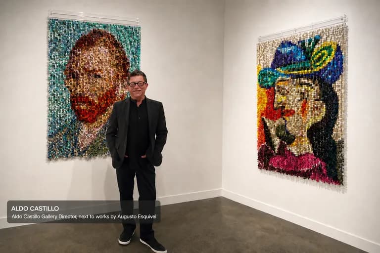 Aldo Castillo standing beside two button portraits by Augusto Esquivel, next to a wall label naming him as the gallery's director