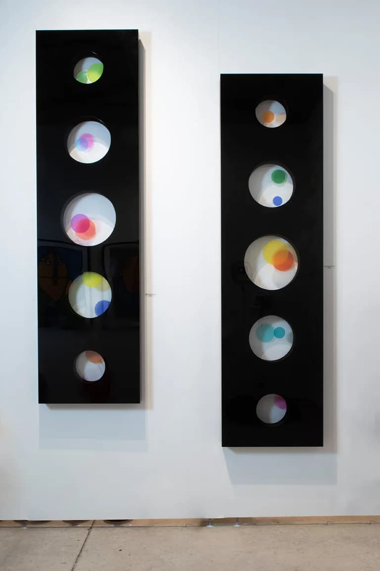 Hugo Diaz, Dancing Lights I and II, Acrylic Kinetic, 2025, 80 x 22 x 3.5 In