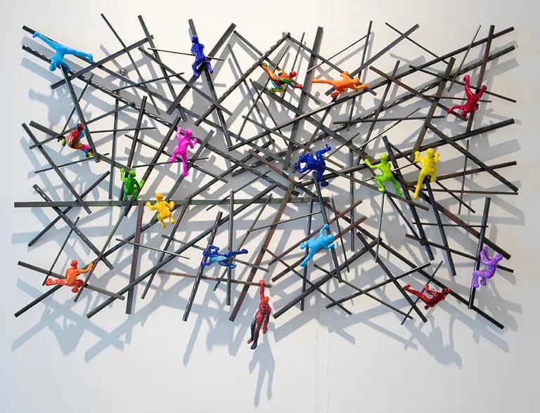 Ancizar Marin, Wall Metal Structure with Climbers, Metal, Plastic, Car Paint, 30H x 38W x 3D In
