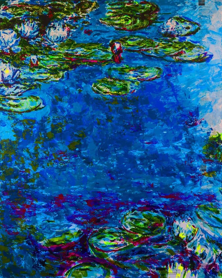 Havi Schanz, Monet Lilies II, 2025, Mixed Media on Blueprint, 48 x 60 In