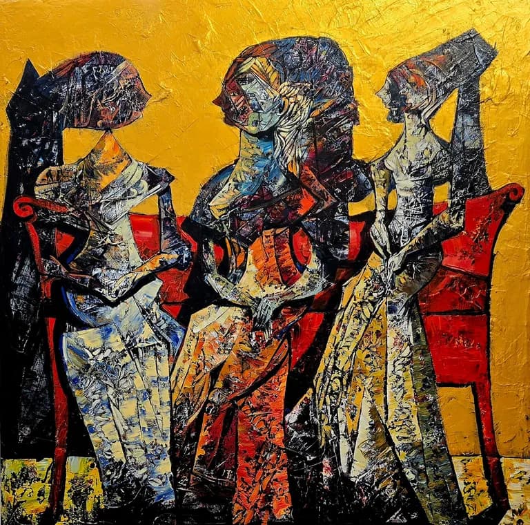 Fredy Villamil Ladies on Red Sofa