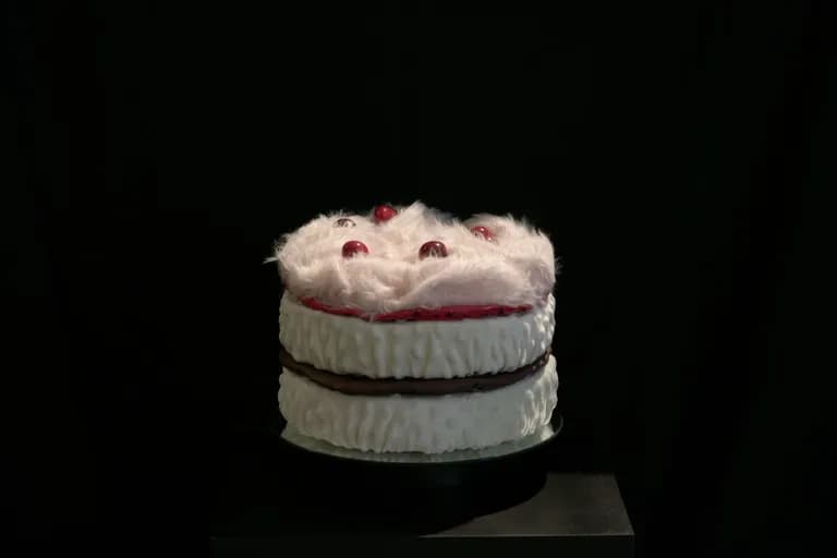 Patricia Schnall Gutierrez, Cherry Layer Cake, 2019, fabric and artificial cherries