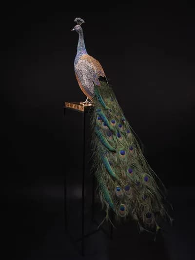 Clarita Brinkerhoff, Peacock, Homage to Hera, 25,854 Swarovski Stellux Crystals, Natural Feathers, Cast, Polished, Plated