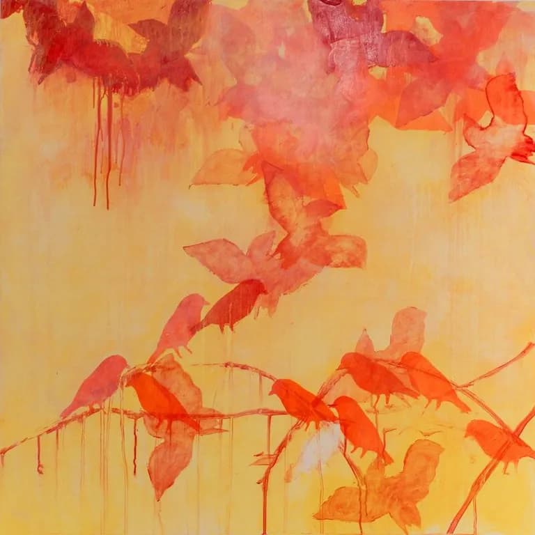 Lorna Marsh, Red Birds, 2017, Mixed Media on Wood, 36H x 36 In