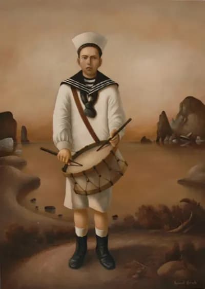 Raymundo Andrade, a painting of a drummer in a sailor suit in a bare landscape