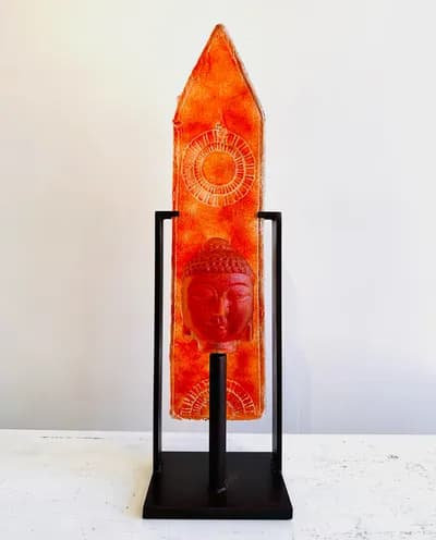 Marlene Rose, Roma Red Arrow Buddha, 2024, Cast glass and steel, 22 x 6 x 5 In