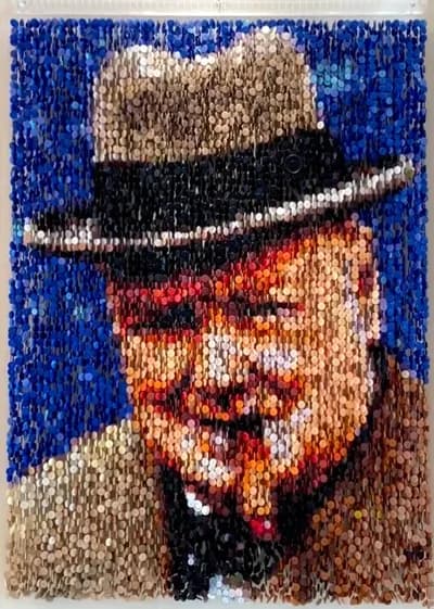Augusto Esquivel, Winston Churchill, 2023, Sewing Buttons, Monofilament and Acrylic, 67H x 48W x 3D inches