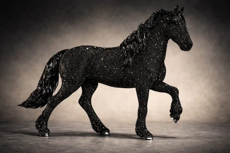 Clarita Brinkerhoff, Friesian Horse, 29,640 Handset Preciosa Crystals, Cast, Polished, Plated. 14.5H x 4.5W x 17L In