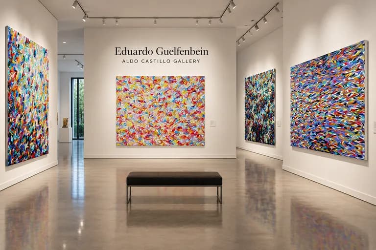 Paintings by Eduardo Guelfenbein hung in the gallery