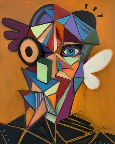 A painted bird's head in faceted colour by Tomaso Albertini