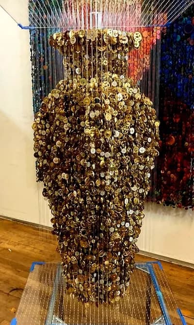 Augusto Esquivel, Golden Vase, 2021, 43H x 24W x 18D, In. Shank and Sewing Buttons, Mono-Filament and Acrylic