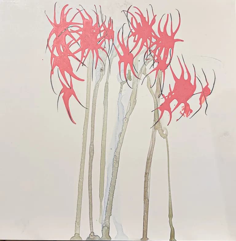 Pink lily flowers on long pale stems, painted by Lorna Marsh on clayboard
