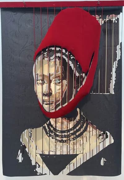 Javier Guadalupe, Portrait of a Girl after Petrus Christus, 2025, textile installation