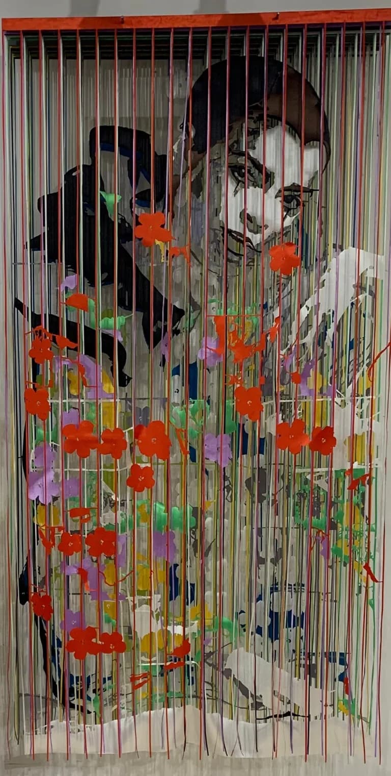Javier Guadalupe, Bianca Jagger and Warhol Flowers, 2023, textile collage