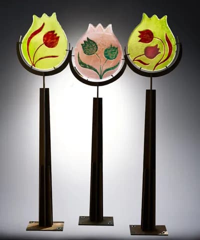 Marlene Rose, Tulips, sandcast glass and metal, three standing forms