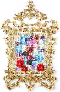 Augusto Esquivel, Framed Flowers (2018) 44 wide x 62 tall x 2.5 deep in. 112 wide x 157 tall x 6 deep cm. Sewing Buttons, Acrylic and Monofilament