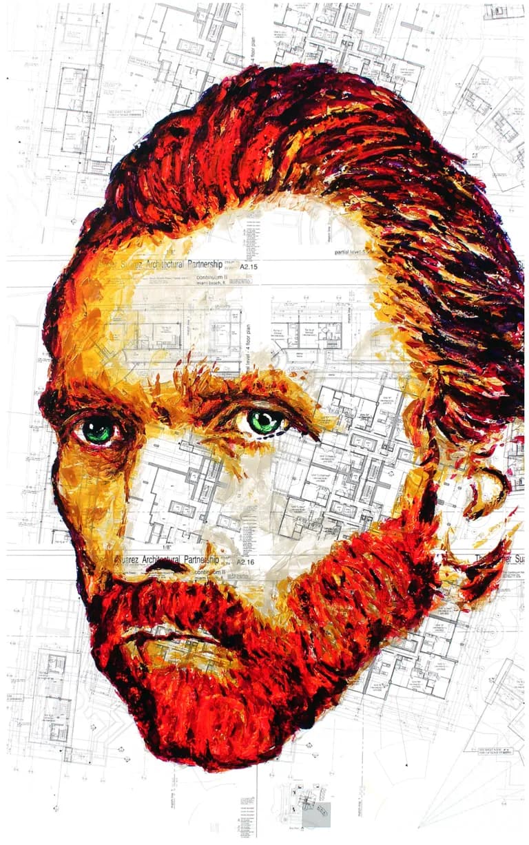 Havi Schanz, Vincent, acrylic with spatula on blueprint on canvas
