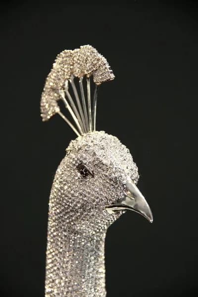 The head of a crystal encrusted peacock by Clarita Brinkerhoff, in detail