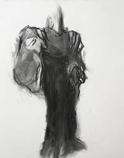 Patricia Schnall Gutierrez, The Poet, 2016, Charcoal and Clothing on Paper, 89 x 49 In