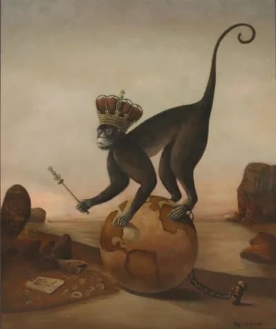 Raymundo Andrade, El Rey, The King, oil on canvas, a crowned monkey astride a globe