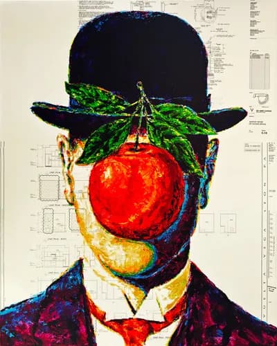 Havi Schanz, Magritte's Apple, 2024, Mixed Media on Blueprint, 48 x 60 In
