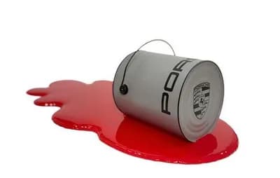 Paul Joseph White, Porsche, 2025, mixed media, a paint tin spilling red