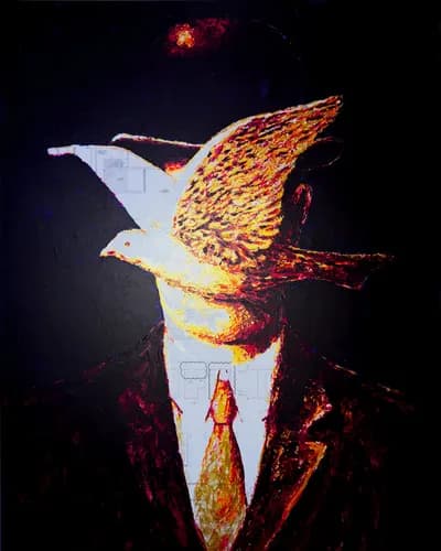 Havi Schanz, Magritte's Liberté, 2024, Mixed Media on Blueprint, 48 x 60 In