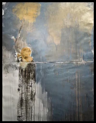 A dark abstract by Lorna Marsh, gold across the top and paint running down the lower half, framed